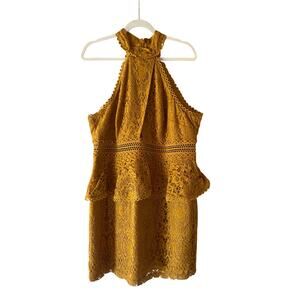 Asos Lace Goldenrod Dress Womens 14 Cocktail Halter Peplum Party Wedding Guest